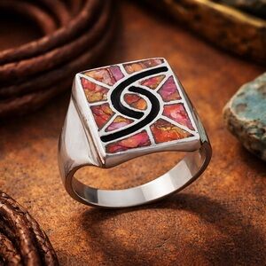 Santa Fe Style Multi Color Turquoise Men’s Ring – Sterling Silver Statement Ring